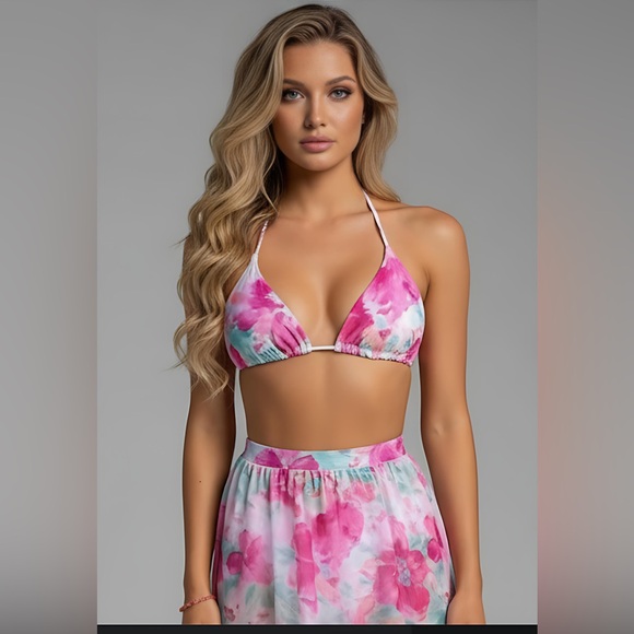 Flower Print  Bikini Swimsuit Set With Beach Skirt - Picture 8 of 11